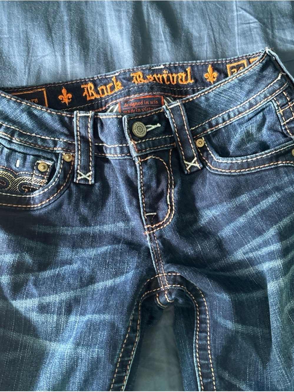 Rock Revival Indigo Jeans with Cream Contrast Stitching